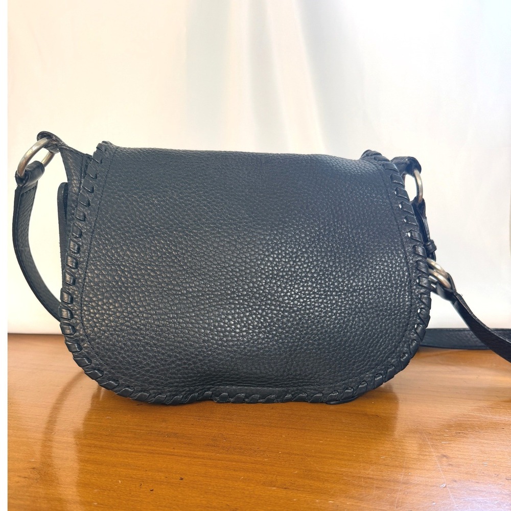 Cole Haan Black Pebbled Leather Braided Saddle Crossbody Bag Tassels